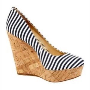 Gianna Bini Platform Cork Wedges Navy White Stripe